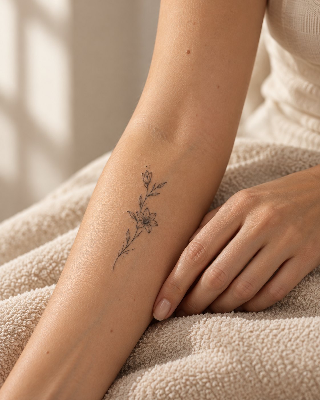 Tatouage floral fin sur un avant-bras, sur une serviette beige
